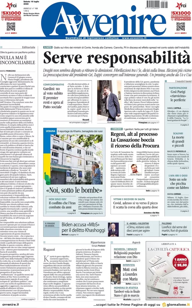 Prime pagine giornali 16 luglio 2022. Usa-Ue vogliono Draghi, Putin la crisi