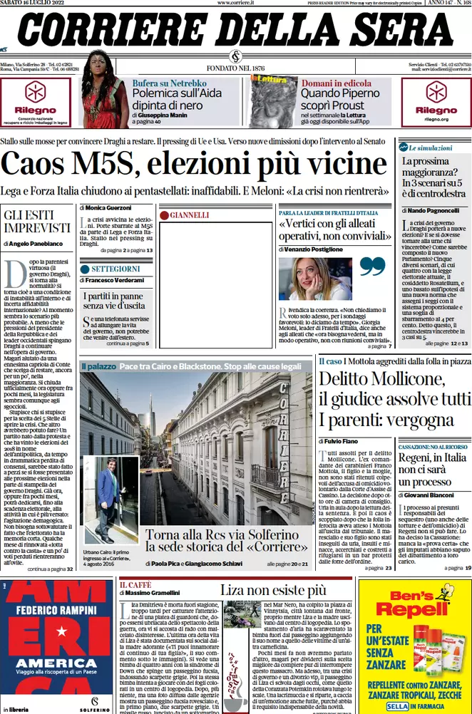 Prime pagine giornali 16 luglio 2022. Usa-Ue vogliono Draghi, Putin la crisi