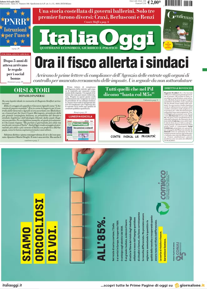 Prime pagine giornali economici 16 luglio. Cina in frenata per i lockdown