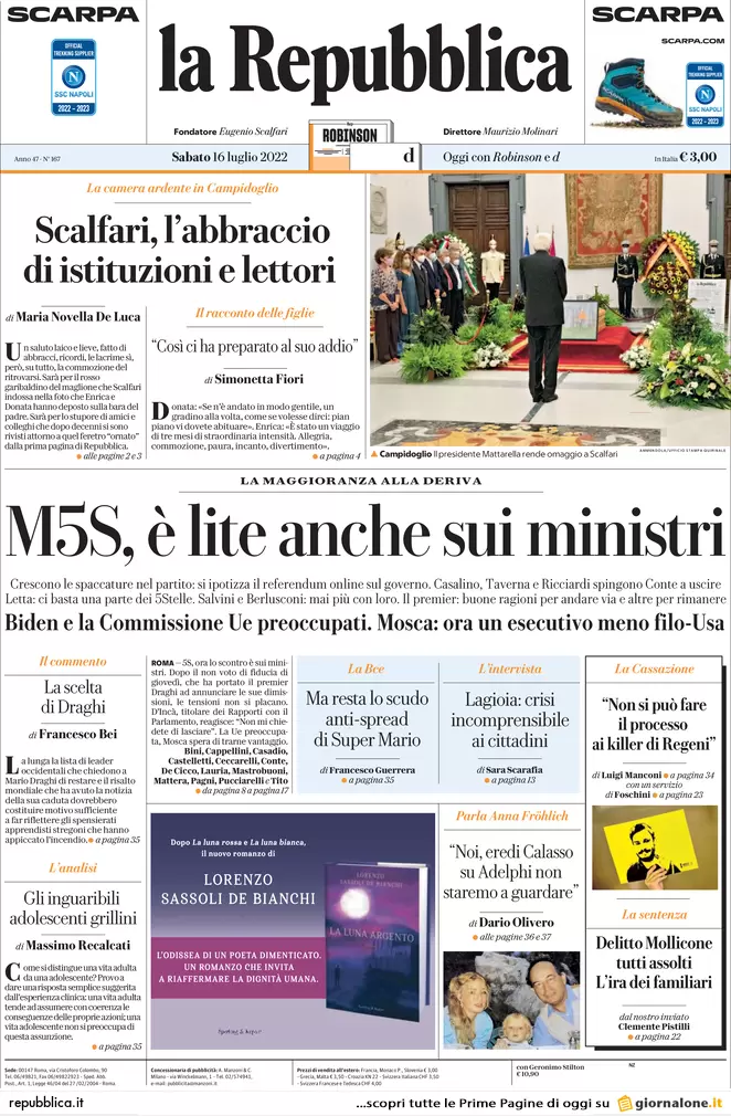 Prime pagine giornali 16 luglio 2022. Usa-Ue vogliono Draghi, Putin la crisi