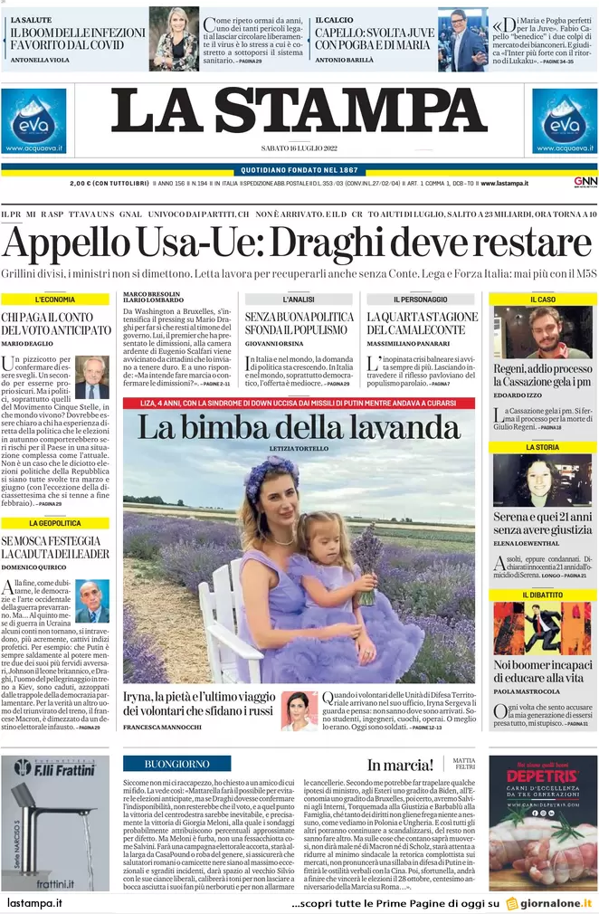 Prime pagine giornali 16 luglio 2022. Usa-Ue vogliono Draghi, Putin la crisi