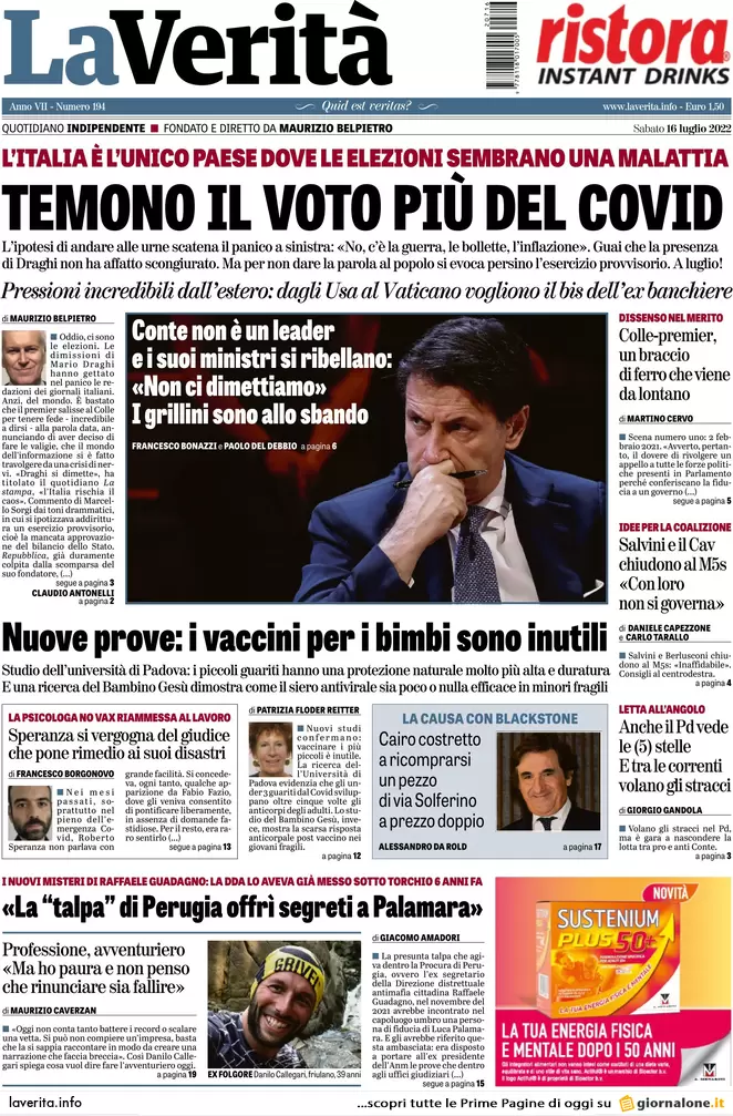 Prime pagine giornali 16 luglio 2022. Usa-Ue vogliono Draghi, Putin la crisi