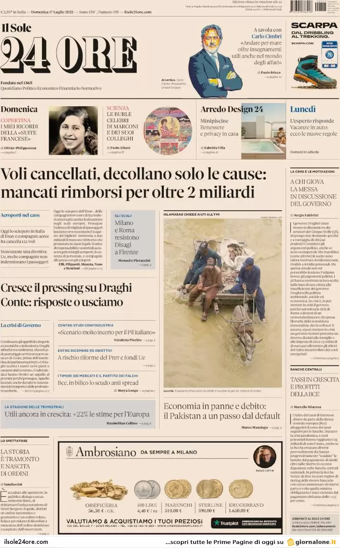 Prime pagine giornali 17 luglio 2022. Nuovo ultimatum di Conte a Draghi