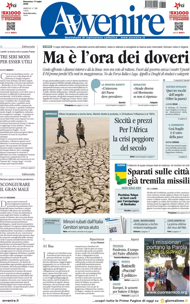 Prime pagine giornali 17 luglio 2022. Nuovo ultimatum di Conte a Draghi