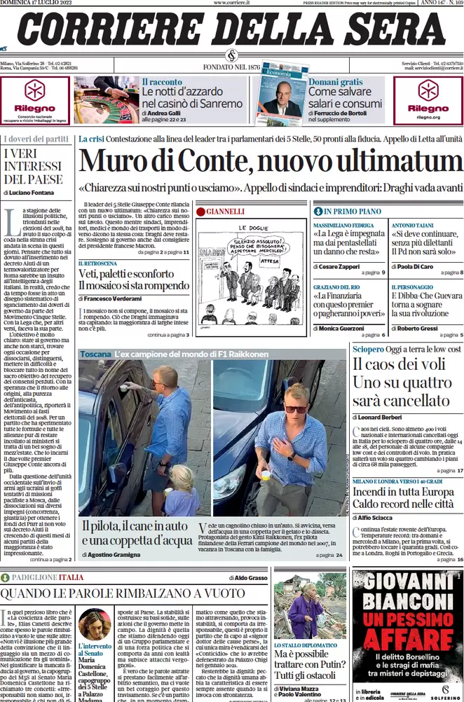 Prime pagine giornali 17 luglio 2022. Nuovo ultimatum di Conte a Draghi