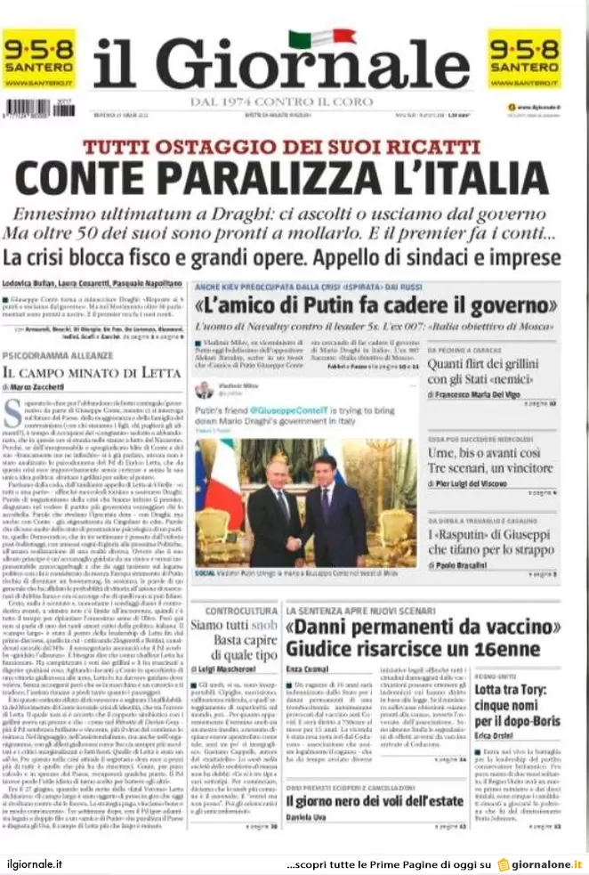 Prime pagine giornali 17 luglio 2022. Nuovo ultimatum di Conte a Draghi