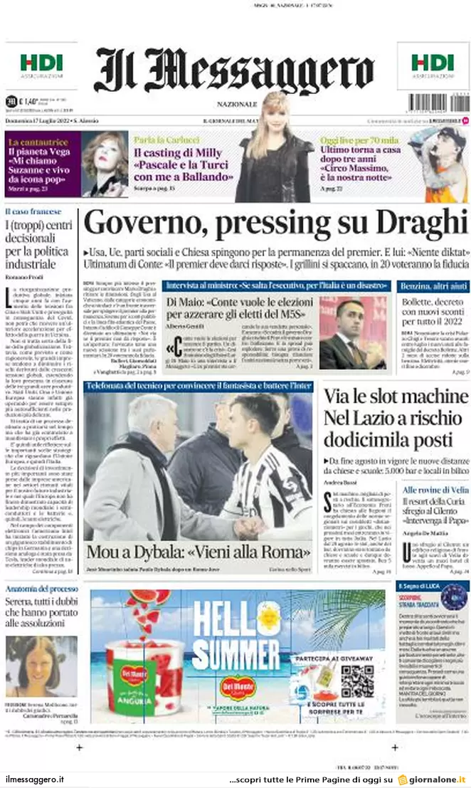 Prime pagine giornali 17 luglio 2022. Nuovo ultimatum di Conte a Draghi