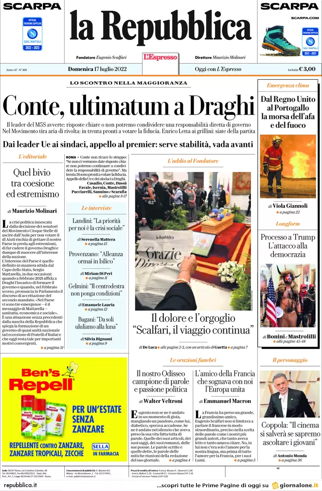 Prime pagine giornali 17 luglio 2022. Nuovo ultimatum di Conte a Draghi