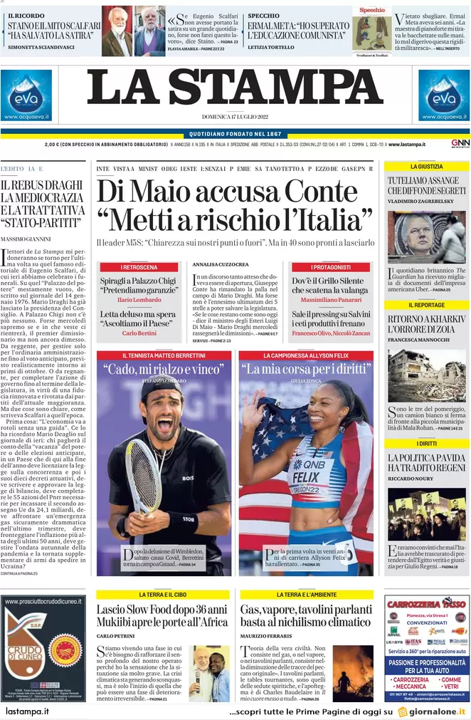 Prime pagine giornali 17 luglio 2022. Nuovo ultimatum di Conte a Draghi