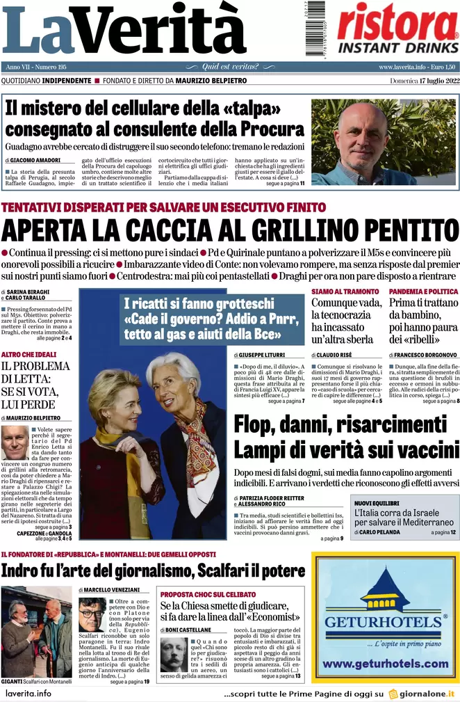 Prime pagine giornali 17 luglio 2022. Nuovo ultimatum di Conte a Draghi