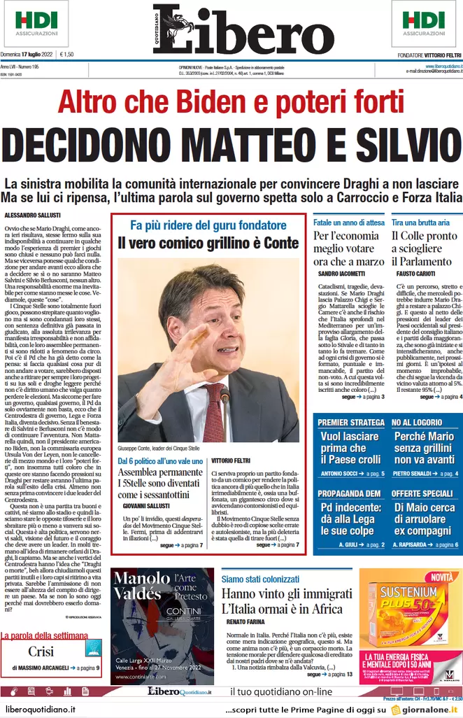 Prime pagine giornali 17 luglio 2022. Nuovo ultimatum di Conte a Draghi