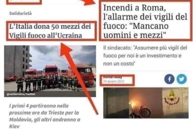Ucraina, l’Italia la riempie di camion dei pompieri ma Roma brucia per giorni