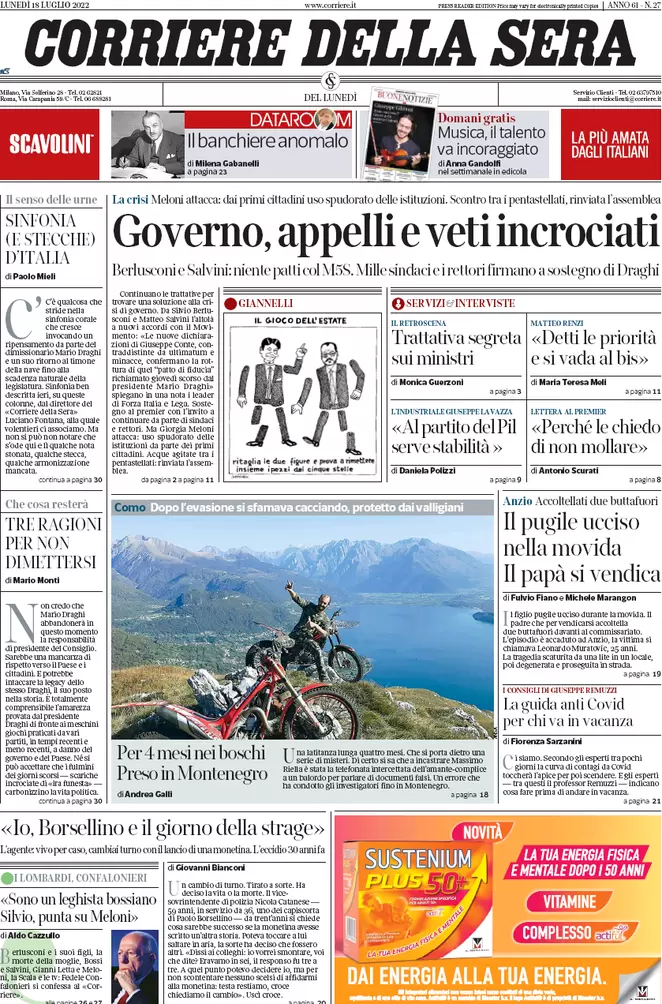 Prime pagine giornali 18 luglio 2022. Nuova scissione M5s, voto più vicino