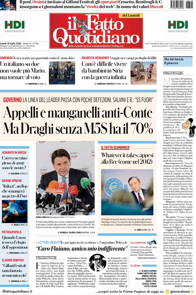 Prime pagine giornali 18 luglio 2022. Nuova scissione M5s, voto più vicino