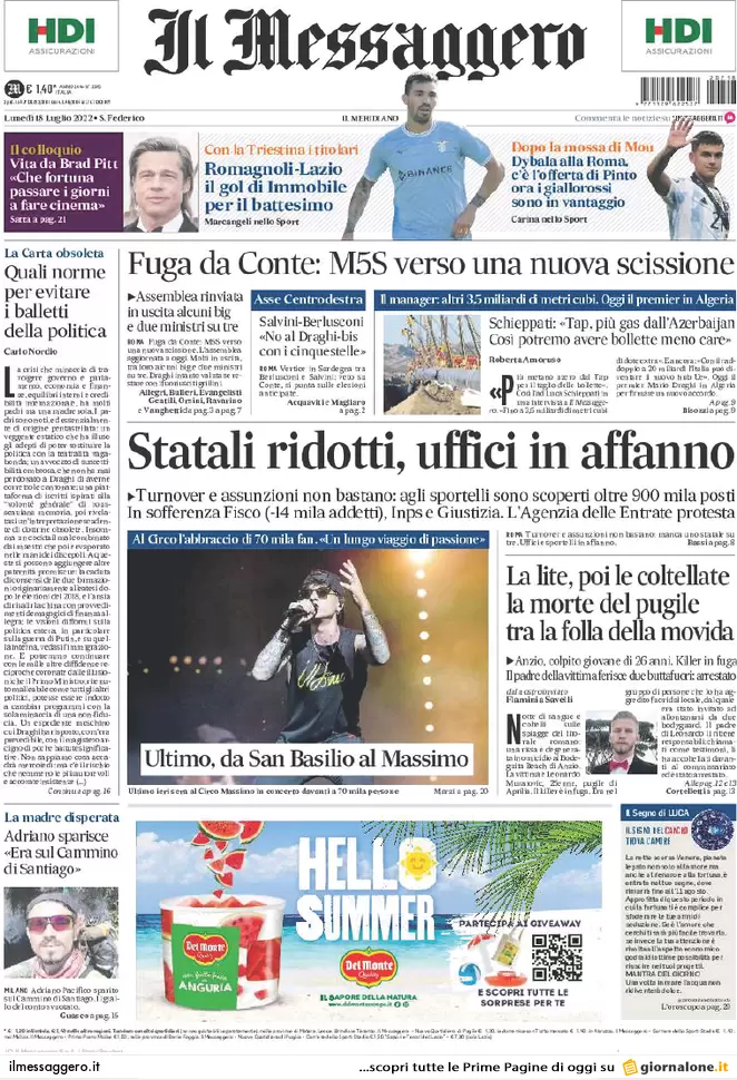 Prime pagine giornali 18 luglio 2022. Nuova scissione M5s, voto più vicino