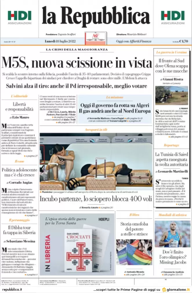 Prime pagine giornali 18 luglio 2022. Nuova scissione M5s, voto più vicino
