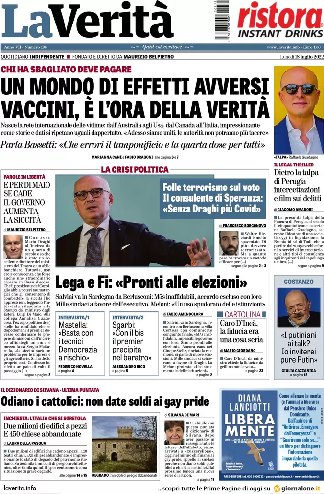 Prime pagine giornali 18 luglio 2022. Nuova scissione M5s, voto più vicino