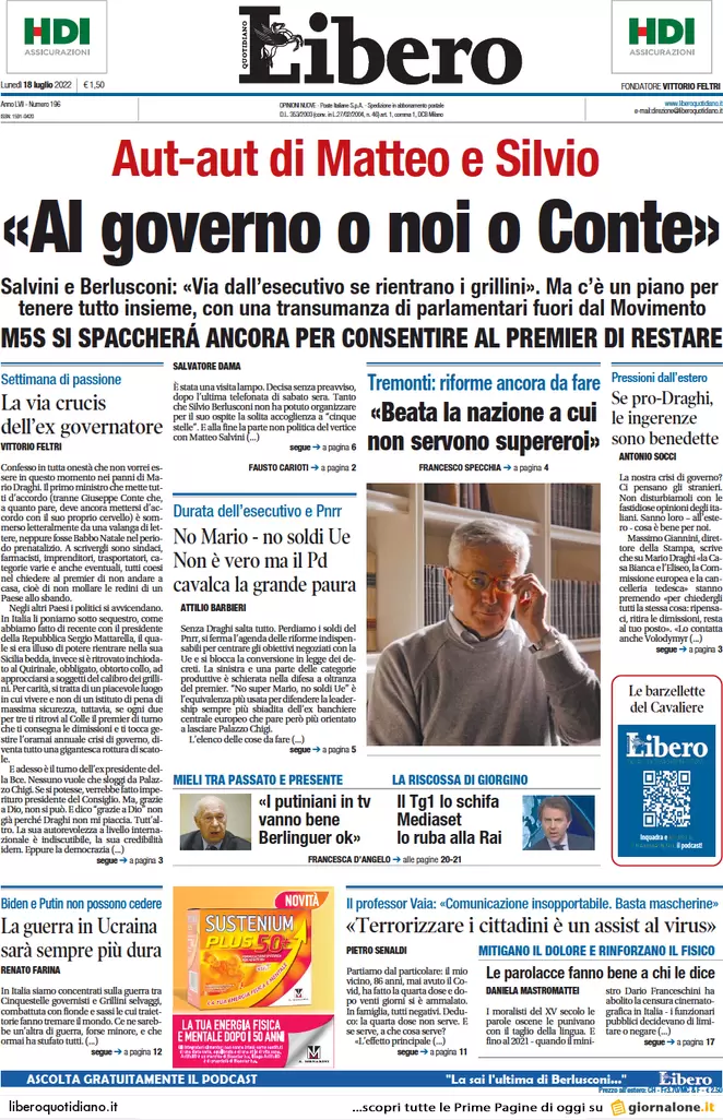 Prime pagine giornali 18 luglio 2022. Nuova scissione M5s, voto più vicino