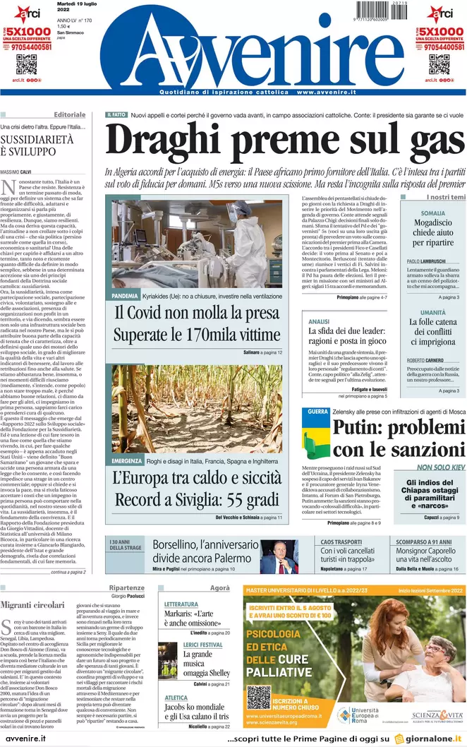 Prime pagine giornali 19 luglio 2022. Mattarella e i partiti incastrano Draghi