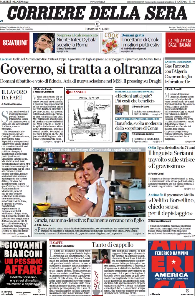 Prime pagine giornali 19 luglio 2022. Mattarella e i partiti incastrano Draghi
