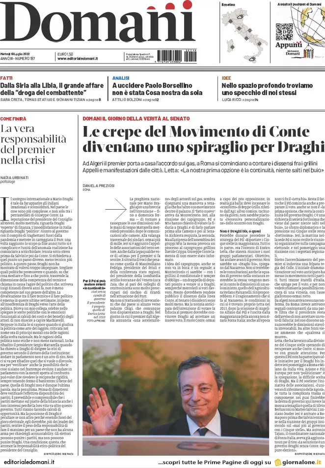 Prime pagine giornali 19 luglio 2022. Mattarella e i partiti incastrano Draghi