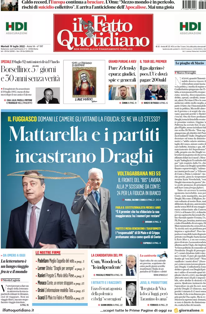 Prime pagine giornali 19 luglio 2022. Mattarella e i partiti incastrano Draghi