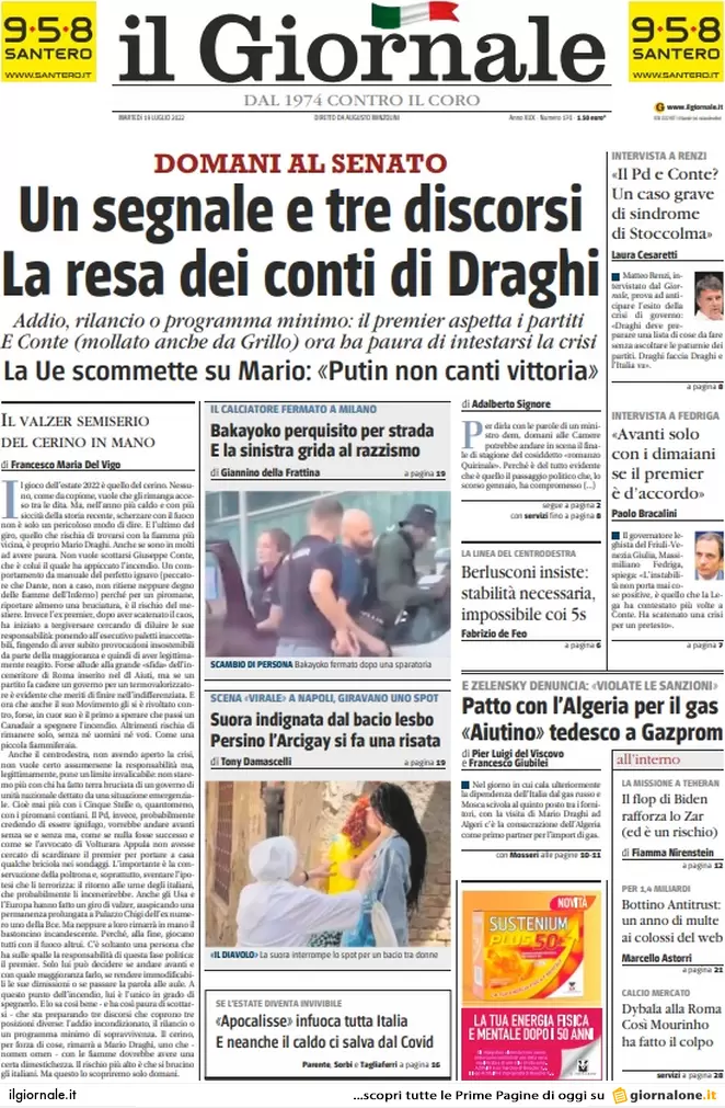 Prime pagine giornali 19 luglio 2022. Mattarella e i partiti incastrano Draghi