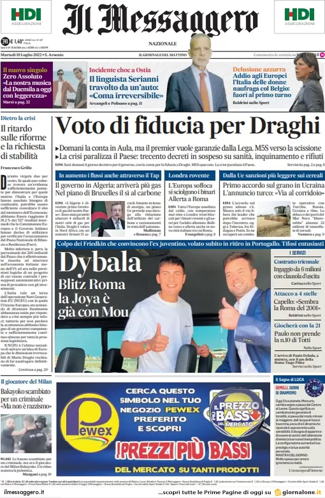 Prime pagine giornali 19 luglio 2022. Mattarella e i partiti incastrano Draghi