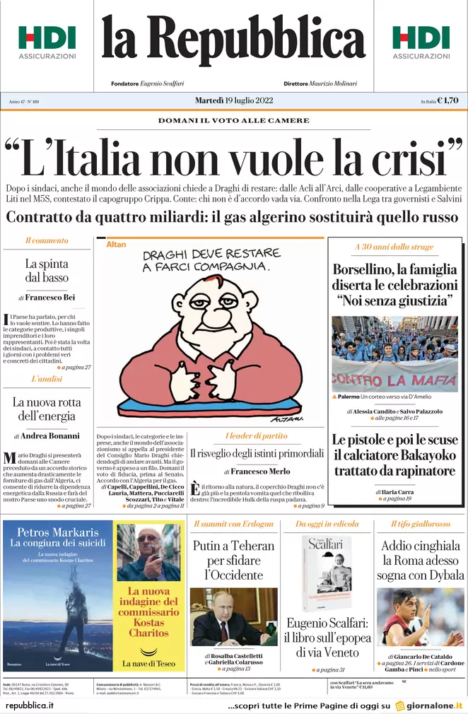 Prime pagine giornali 19 luglio 2022. Mattarella e i partiti incastrano Draghi