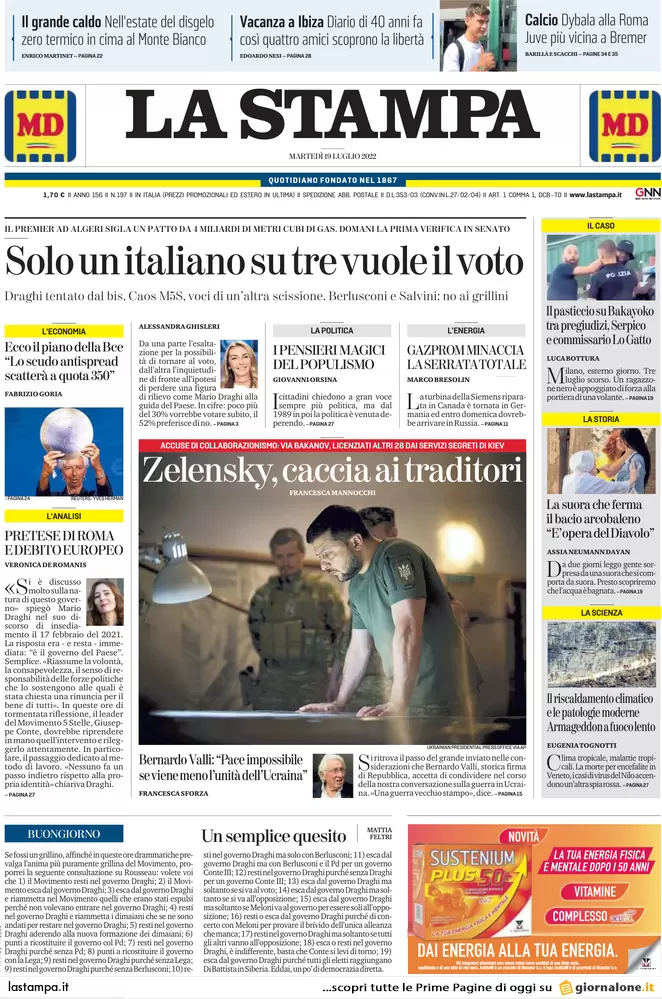 Prime pagine giornali 19 luglio 2022. Mattarella e i partiti incastrano Draghi