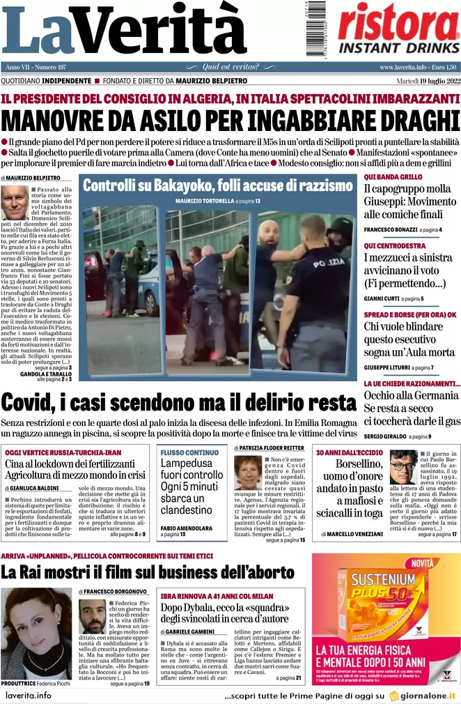 Prime pagine giornali 19 luglio 2022. Mattarella e i partiti incastrano Draghi