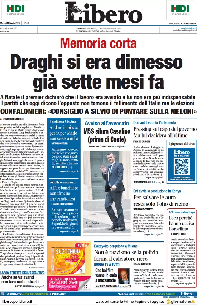 Prime pagine giornali 19 luglio 2022. Mattarella e i partiti incastrano Draghi