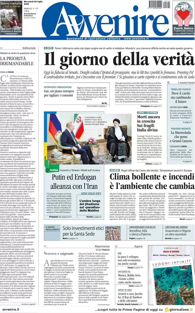 Prime pagine giornali 20 luglio 2022. Draghi in aula: incognite M5s e Salvini
