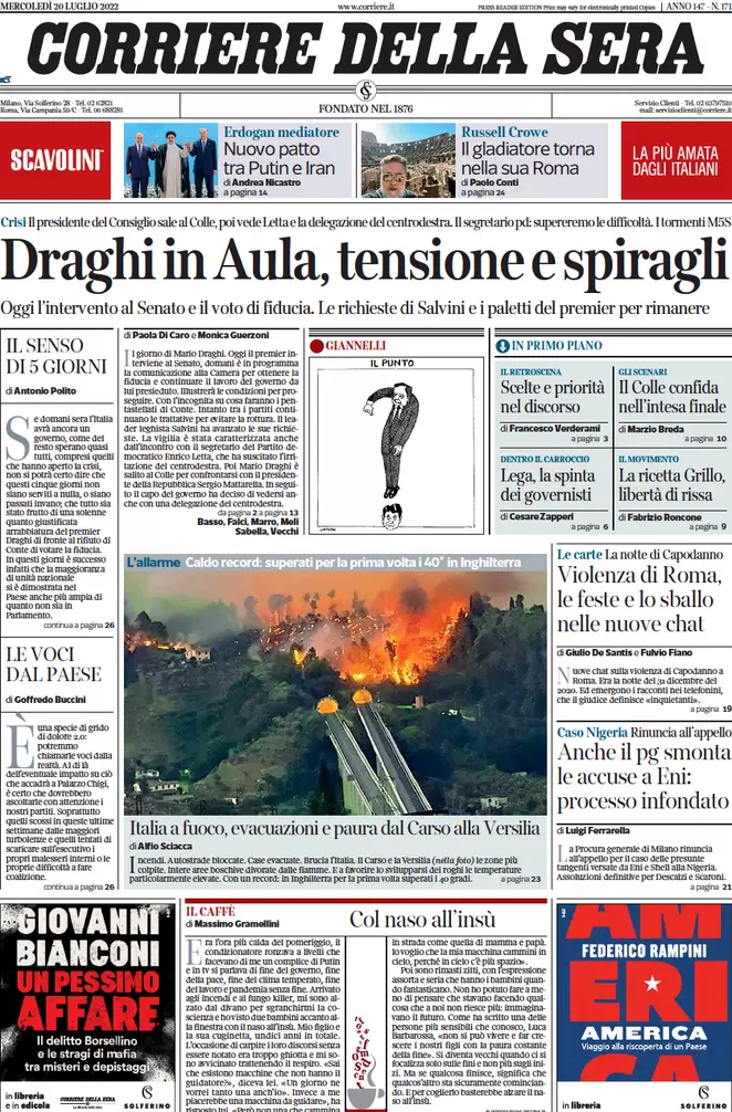 Prime pagine giornali 20 luglio 2022. Draghi in aula: incognite M5s e Salvini