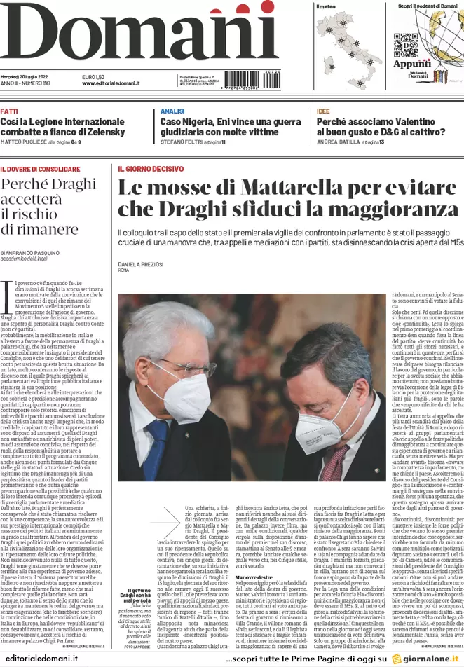 Prime pagine giornali 20 luglio 2022. Draghi in aula: incognite M5s e Salvini