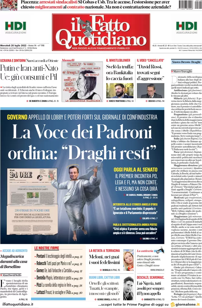Prime pagine giornali 20 luglio 2022. Draghi in aula: incognite M5s e Salvini