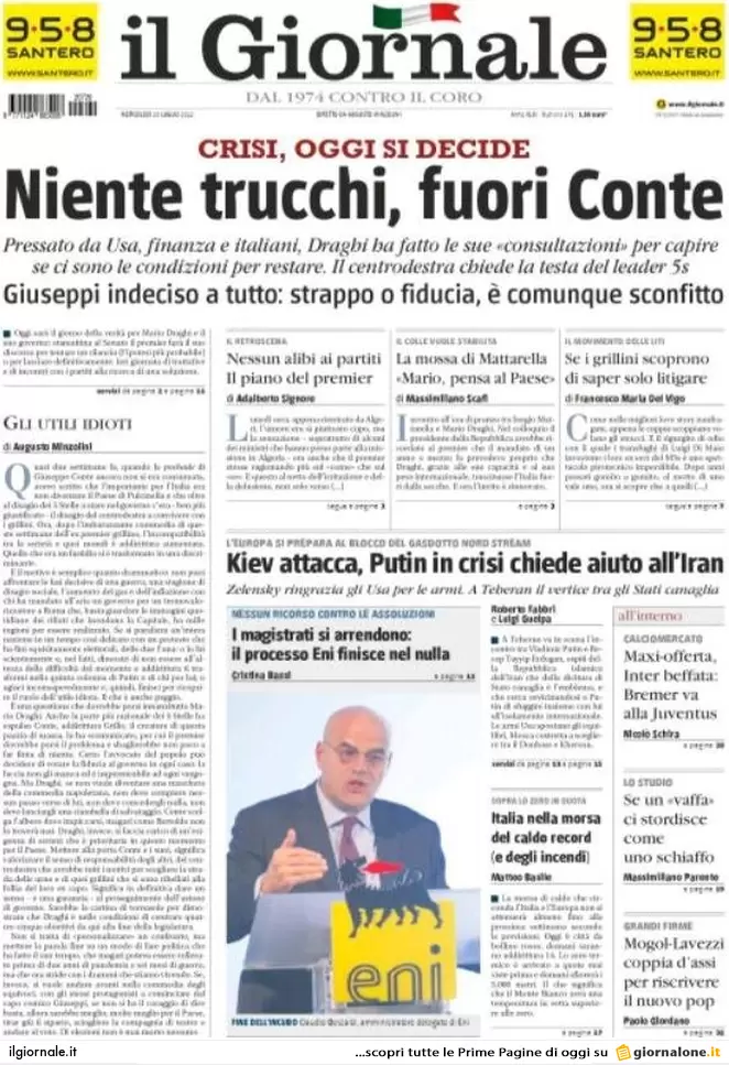 Prime pagine giornali 20 luglio 2022. Draghi in aula: incognite M5s e Salvini