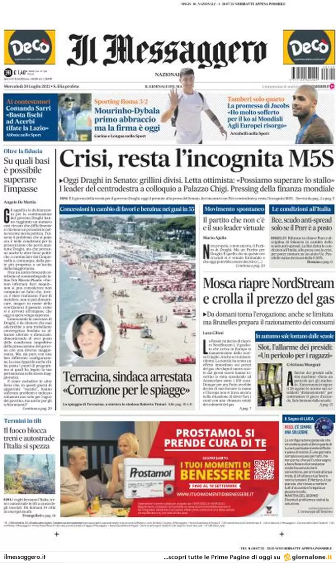 Prime pagine giornali 20 luglio 2022. Draghi in aula: incognite M5s e Salvini