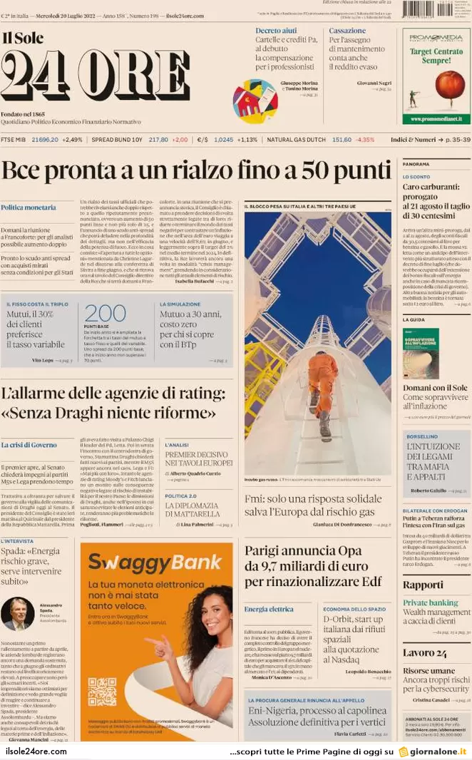 Prime pagine giornali economici 20 luglio. La Bce è pronta al maxi rialzo Prime pagine giornali economici 20 luglio. La Bce è pronta al maxi rialzo
