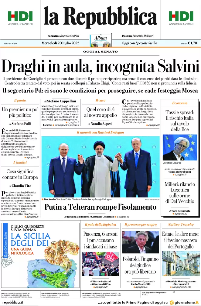 Prime pagine giornali 20 luglio 2022. Draghi in aula: incognite M5s e Salvini