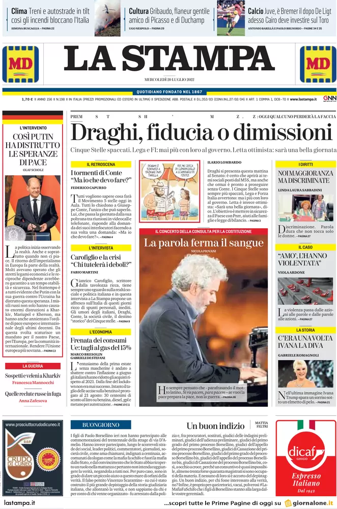 Prime pagine giornali 20 luglio 2022. Draghi in aula: incognite M5s e Salvini