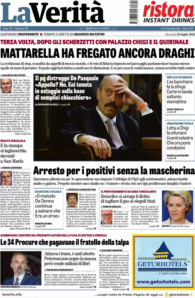 Prime pagine giornali 20 luglio 2022. Draghi in aula: incognite M5s e Salvini