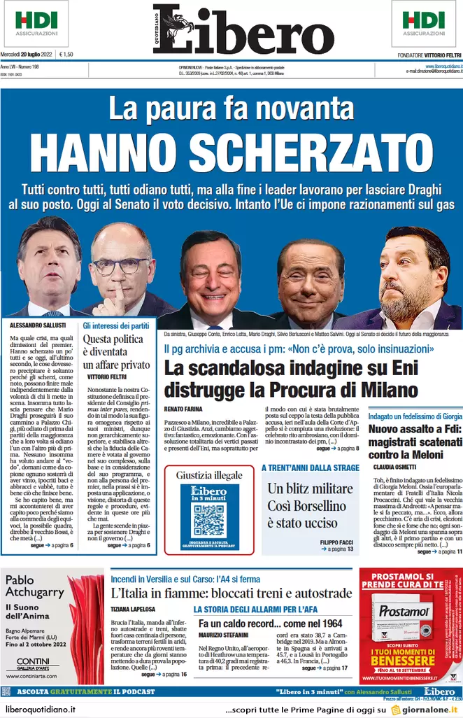 Prime pagine giornali 20 luglio 2022. Draghi in aula: incognite M5s e Salvini
