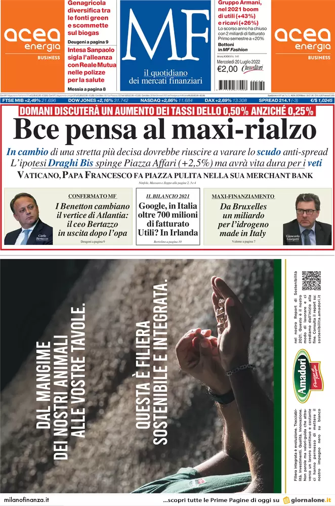 Prime pagine giornali economici 20 luglio. La Bce è pronta al maxi rialzo Prime pagine giornali economici 20 luglio. La Bce è pronta al maxi rialzo
