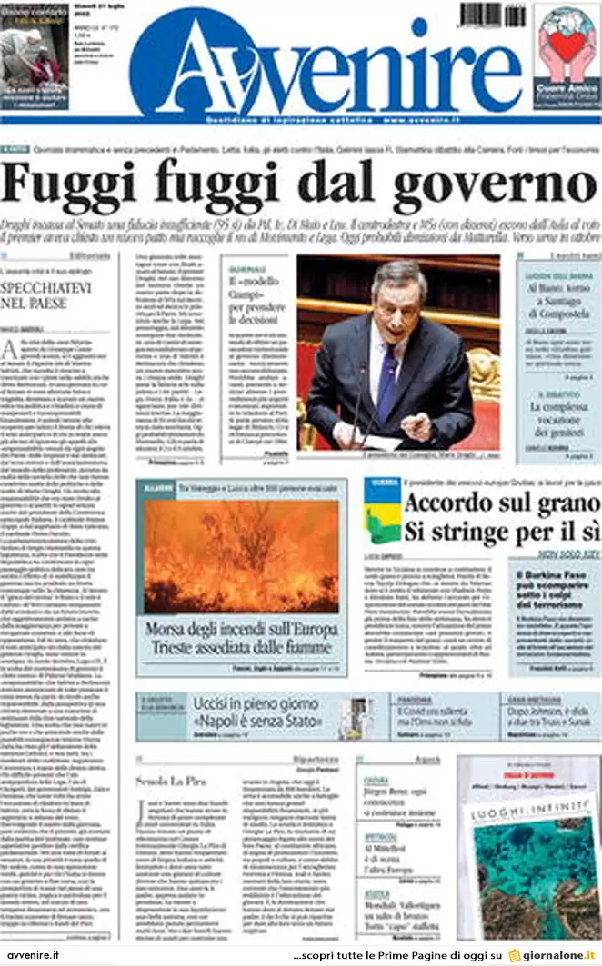 Prime pagine giornali 21 luglio 2022. Requiem per il governo dei “migliori”
