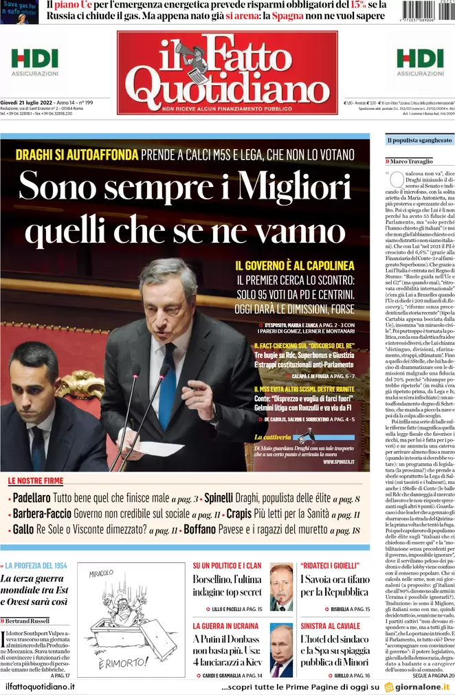 Prime pagine giornali 21 luglio 2022. Requiem per il governo dei “migliori”
