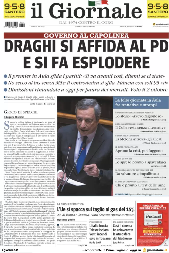 Prime pagine giornali 21 luglio 2022. Requiem per il governo dei “migliori”