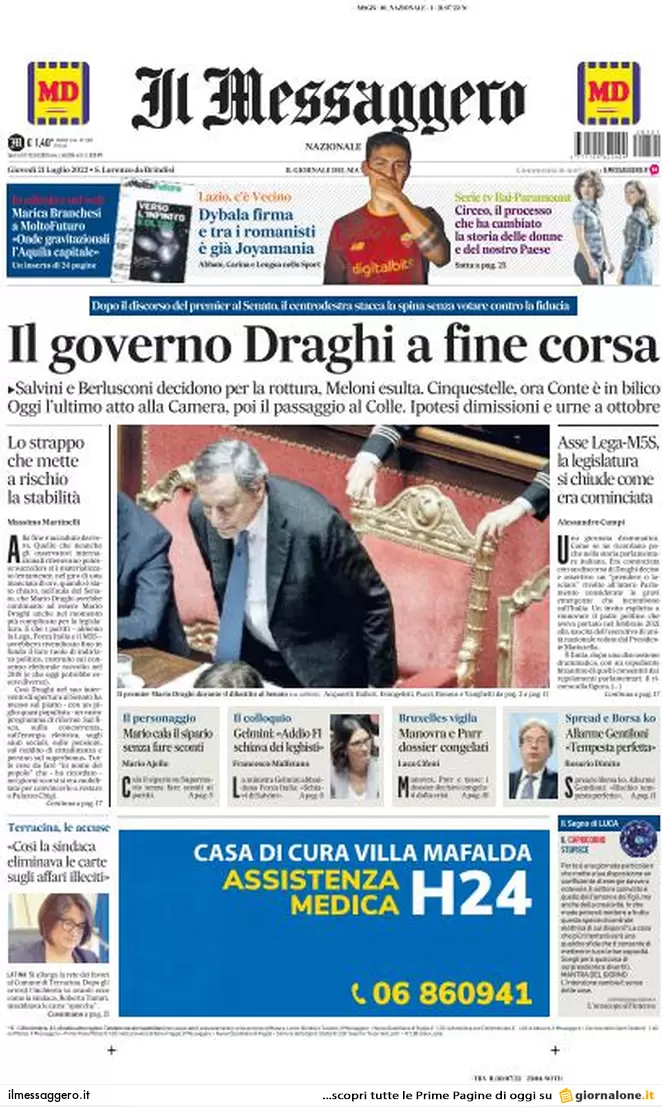 Prime pagine giornali 21 luglio 2022. Requiem per il governo dei “migliori”