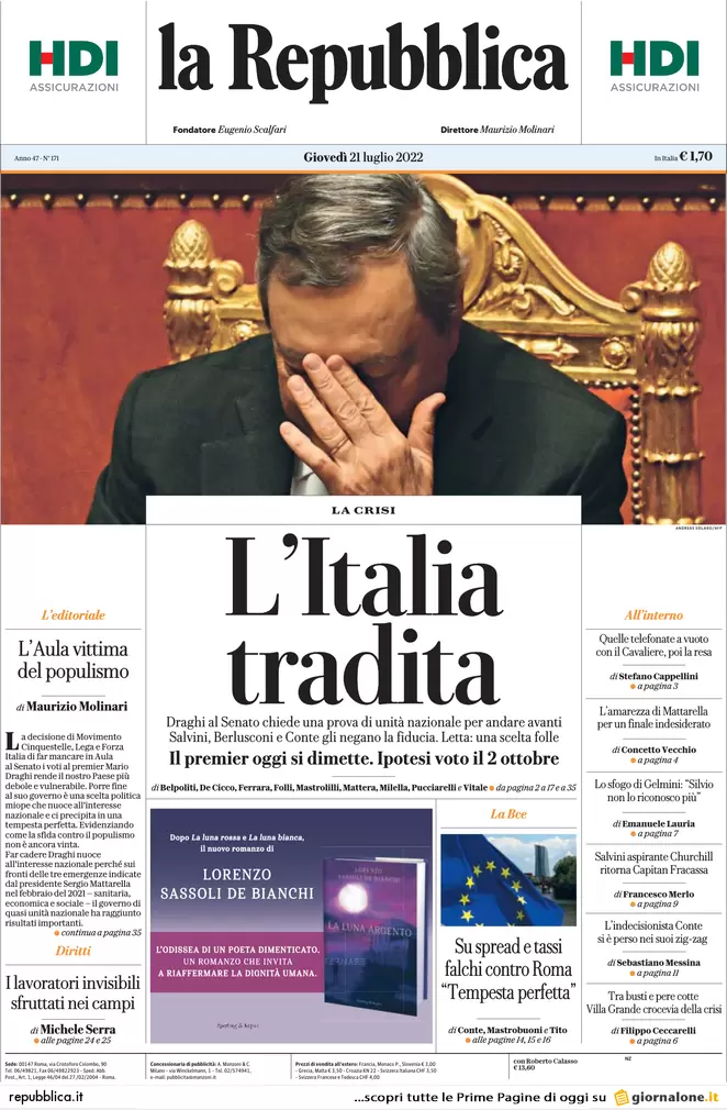 Prime pagine giornali 21 luglio 2022. Requiem per il governo dei “migliori”