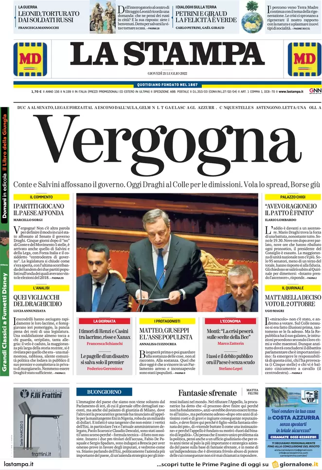 Prime pagine giornali 21 luglio 2022. Requiem per il governo dei “migliori”